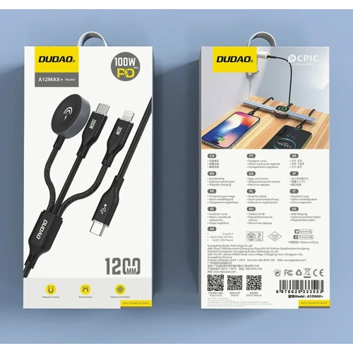 Kabel Dudao A12Max+ USB-C / USB-C PD 100W, Lightning PD 30W, ładowarka do Apple Watch 2.5W 1.2m czarny