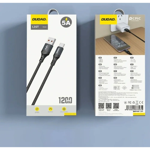 Kabel w oplocie Dudao L3ST USB-A / USB-C 5A 1.2m czarny