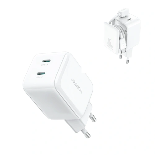 Ładowarka sieciowa Joyroom JR-TCL05 45W GaN 2x USB-C z organizerem na kabel + kabel USB-C / USB-C biała