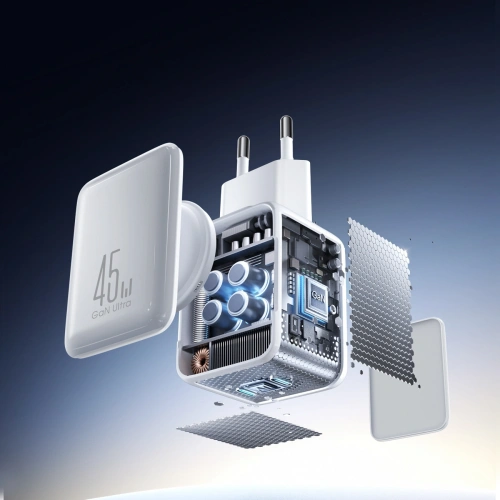 Ładowarka sieciowa Joyroom JR-TCL05 45W GaN 2x USB-C z organizerem na kabel + kabel USB-C / USB-C biała