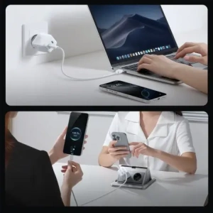 Ładowarka sieciowa Joyroom JR-TCL05 45W GaN 2x USB-C z organizerem na kabel + kabel USB-C / USB-C biała