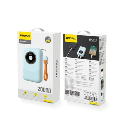 Powerbank Dudao K21Pro Mini 20000mAh 22.5W USB-A, USB-C niebieski