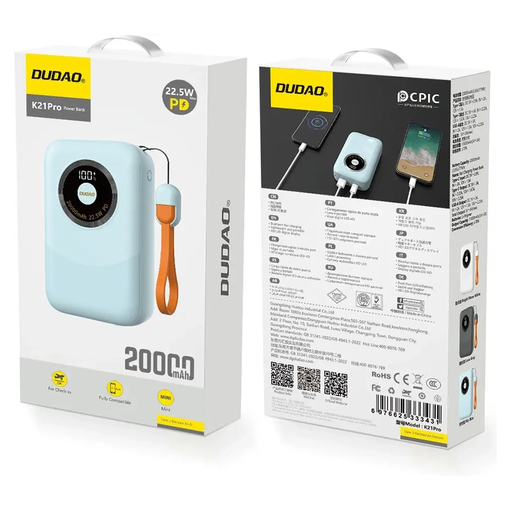 Powerbank Dudao K21Pro Mini 20000mAh 22.5W USB-A, USB-C niebieski