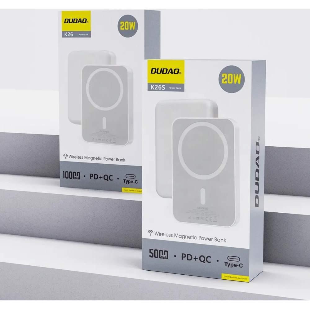 Powerbank bezprzewodowy Dudao K26S 5000mAh 20W USB-A, USB-C, MagSafe biały