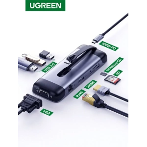 Adaptor 9w1 UGREEN CM286 Hub USB-C la HDMI 4K, FHD, VGA, 3x USB 3.0, PD, SD/TF, USB-C