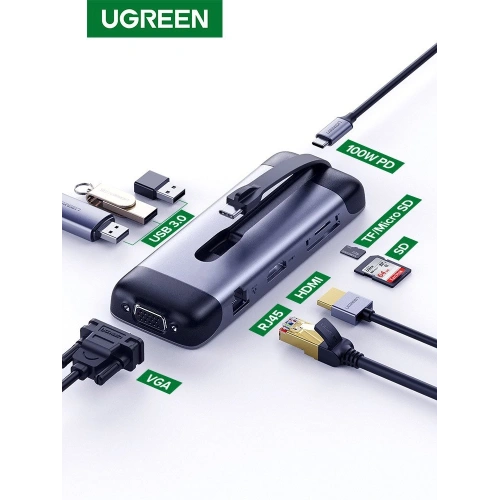 Adapter 9w1 UGREEN CM286 Hub USB-C do HDMI 4K, FHD, VGA, 3x USB 3.0, PD, SD/TF, USB-C