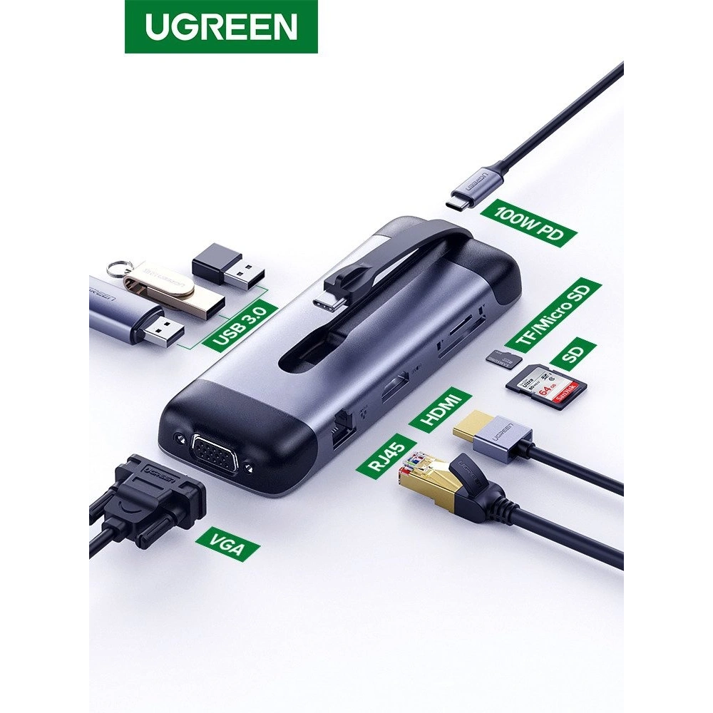 Hurtownia GSM - Adaptér 9v1 UGREEN CM286 Hub USB-C na HDMI 4K, FHD, VGA, 3x USB 3.0, PD, SD/TF, USB-C - UGR445 - {ean13} - Hurt