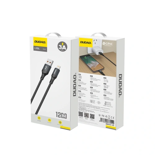 Kabel w oplocie Dudao 3A 30W L3SL USB-A / Lightning 1.2m czarny