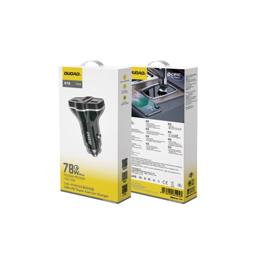 Ładowarka samochodowa Dudao R78 78W USB-C PD, 2xUSB-A QC czarna