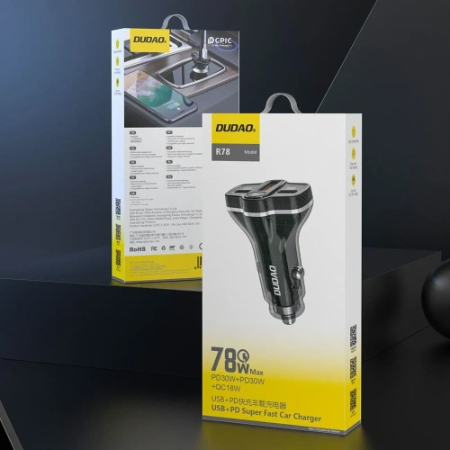 Ładowarka samochodowa Dudao R78 78W USB-C PD, 2xUSB-A QC czarna
