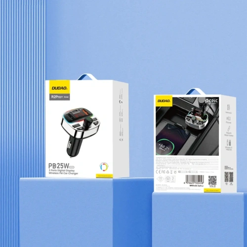 Transmiter Dudao R2 PRO+ 2xUSB-A, USB-C PD 25W Bluetooth 5.3 RGB czarno-srebrny