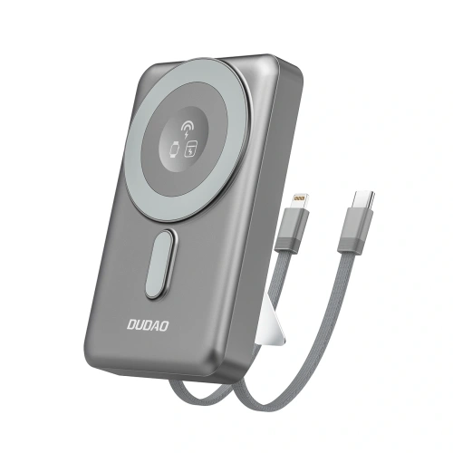 Powerbank bezprzewodowy Dudao K29 10000mAh PD 20W MagSafe z metalową obudową, podstawką i wbudowanymi kablami USB-C, Lightning szary