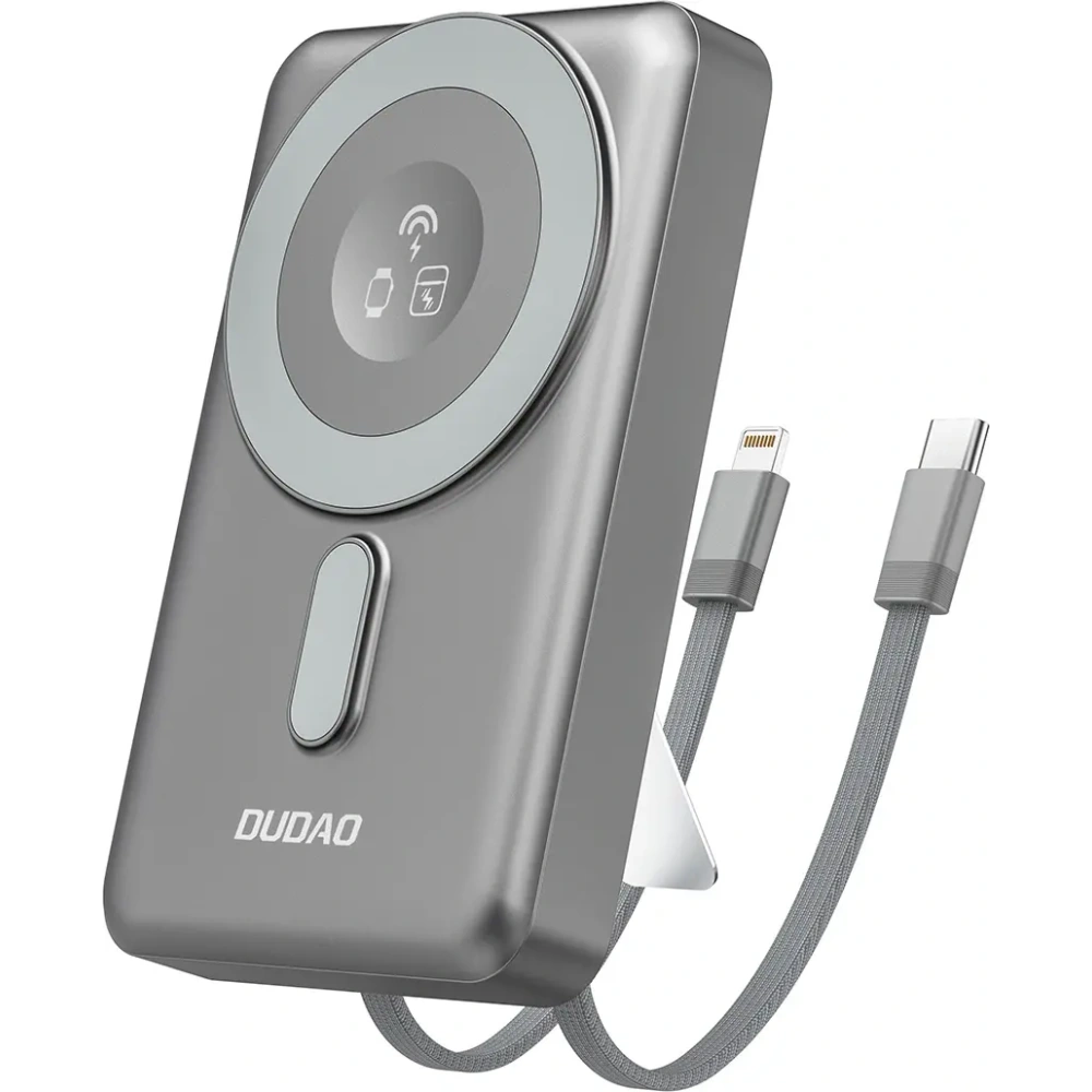 Powerbank bezprzewodowy Dudao K29 10000mAh PD 20W MagSafe z metalową obudową, podstawką i wbudowanymi kablami USB-C, Lightning szary
