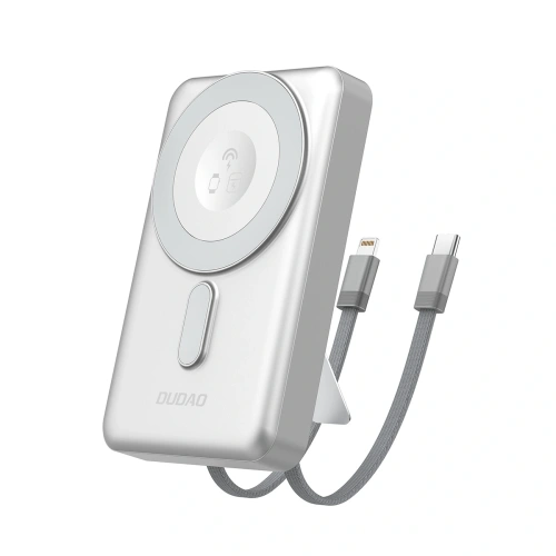 Powerbank bezprzewodowy Dudao K29 10000mAh PD 20W MagSafe z metalową obudową, podstawką i wbudowanymi kablami USB-C, Lightning srebrny