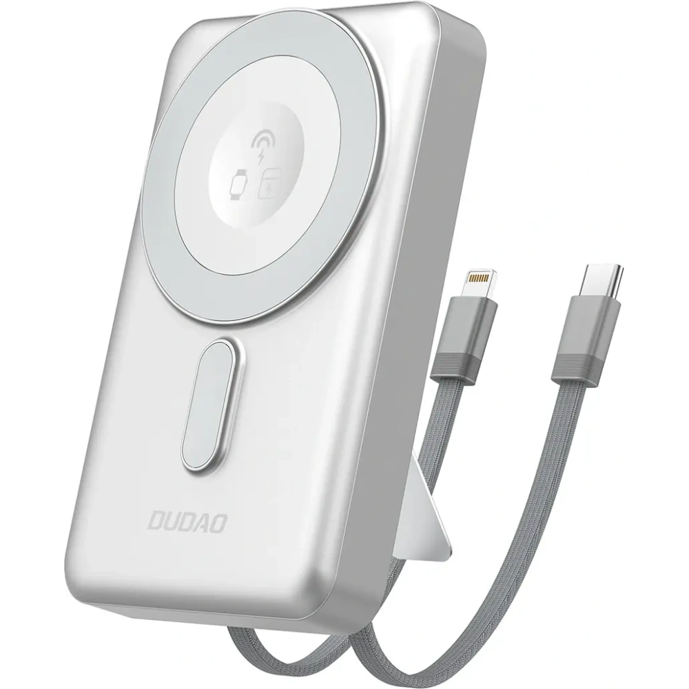 Powerbank bezprzewodowy Dudao K29 10000mAh PD 20W MagSafe z metalową obudową, podstawką i wbudowanymi kablami USB-C, Lightning srebrny