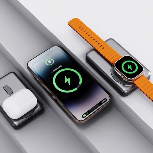 Powerbank bezprzewodowy Dudao K29 10000mAh PD 20W MagSafe z metalową obudową, podstawką i wbudowanymi kablami USB-C, Lightning srebrny