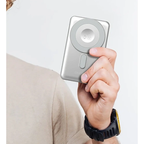 Powerbank bezprzewodowy Dudao K29 10000mAh PD 20W MagSafe z metalową obudową, podstawką i wbudowanymi kablami USB-C, Lightning srebrny