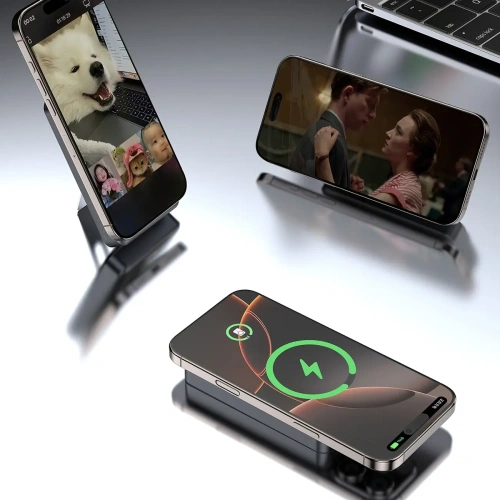 Powerbank bezprzewodowy Dudao K29 10000mAh PD 20W MagSafe z metalową obudową, podstawką i wbudowanymi kablami USB-C, Lightning srebrny