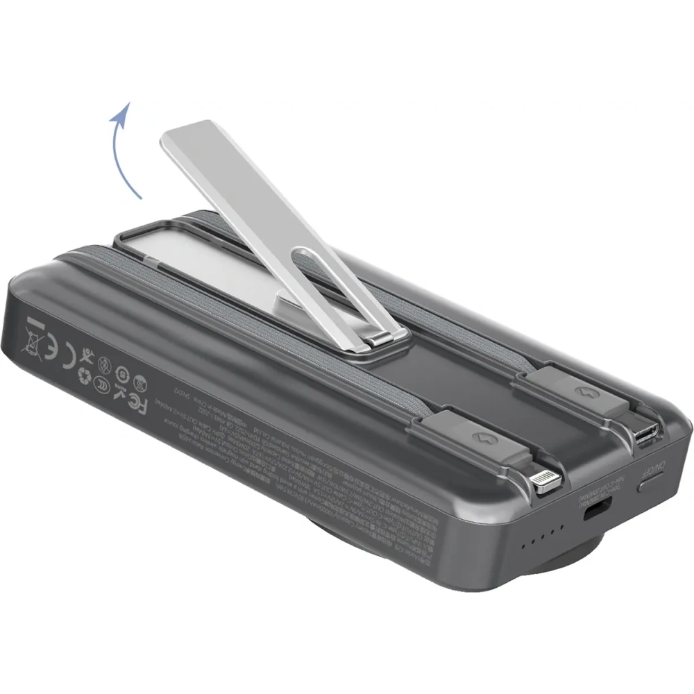 Powerbank bezprzewodowy Dudao K29 10000mAh PD 20W MagSafe z metalową obudową, podstawką i wbudowanymi kablami USB-C, Lightning srebrny