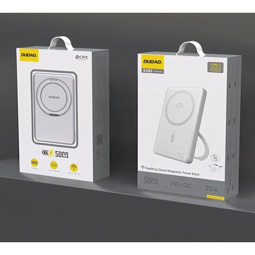 Powerbank bezprzewodowy Dudao K28 10000mAh PD 22.5W MagSafe z metalową obudową i pierścieniem-podstawką srebrny