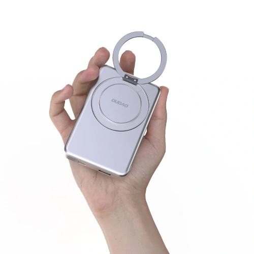 Powerbank bezprzewodowy Dudao K28 10000mAh PD 22.5W MagSafe z metalową obudową i pierścieniem-podstawką srebrny