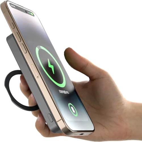 Powerbank bezprzewodowy Dudao K28 10000mAh PD 22.5W MagSafe z metalową obudową i pierścieniem-podstawką srebrny