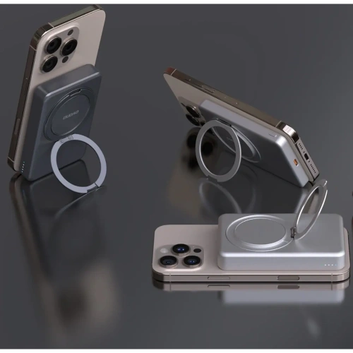 Powerbank bezprzewodowy Dudao K28 10000mAh PD 22.5W MagSafe z metalową obudową i pierścieniem-podstawką srebrny