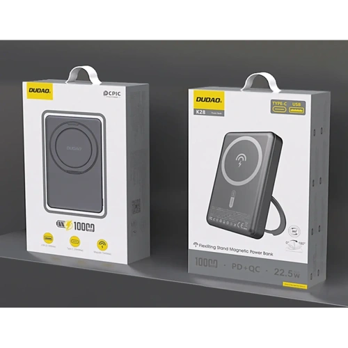 Powerbank bezprzewodowy Dudao K28 10000mAh PD 22.5W MagSafe z metalową obudową i pierścieniem-podstawką szary