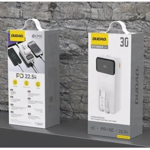 Powerbank Dudao K15MAX 30000mAh PD 22.5W z wbudowanymi kablami USB-C, Lightning biały
