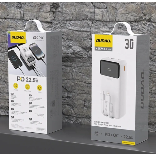 Powerbank Dudao K15MAX 30000mAh PD 22.5W z wbudowanymi kablami USB-C, Lightning biały