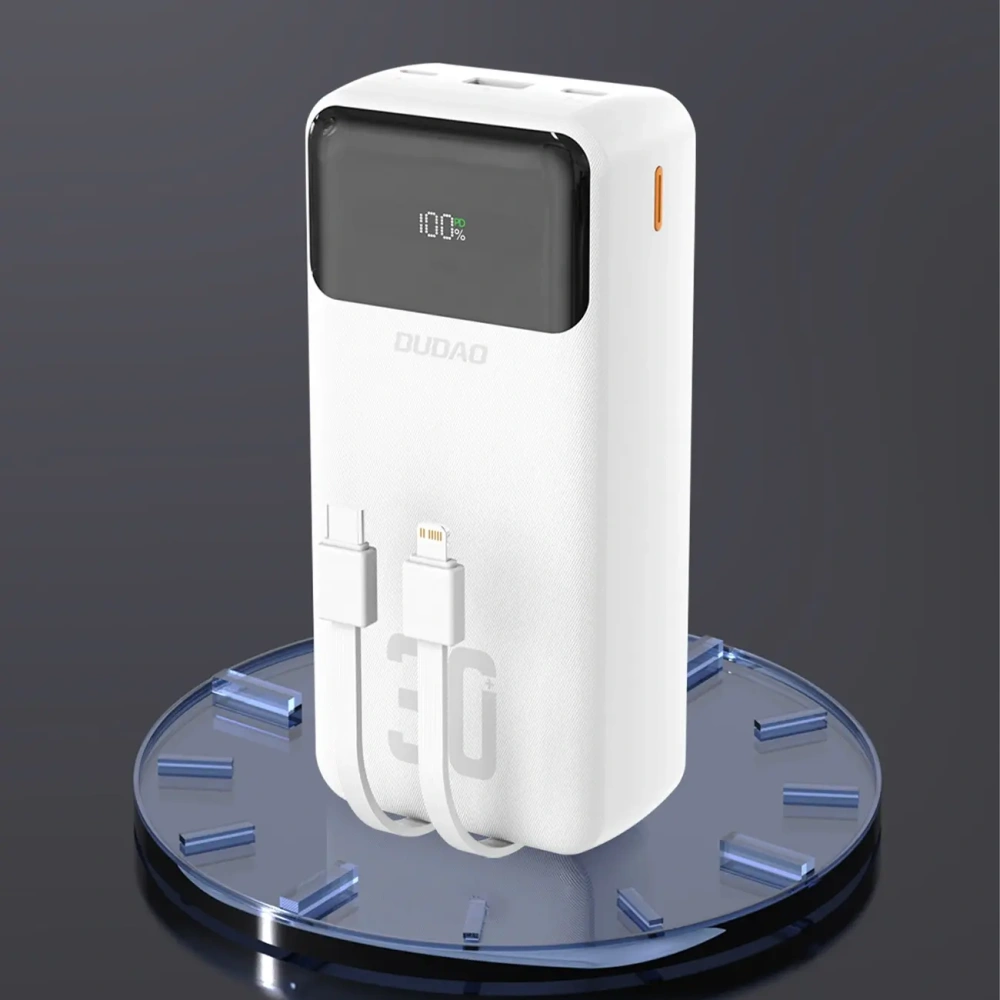 Powerbank Dudao K15MAX 30000mAh PD 22.5W z wbudowanymi kablami USB-C, Lightning biały