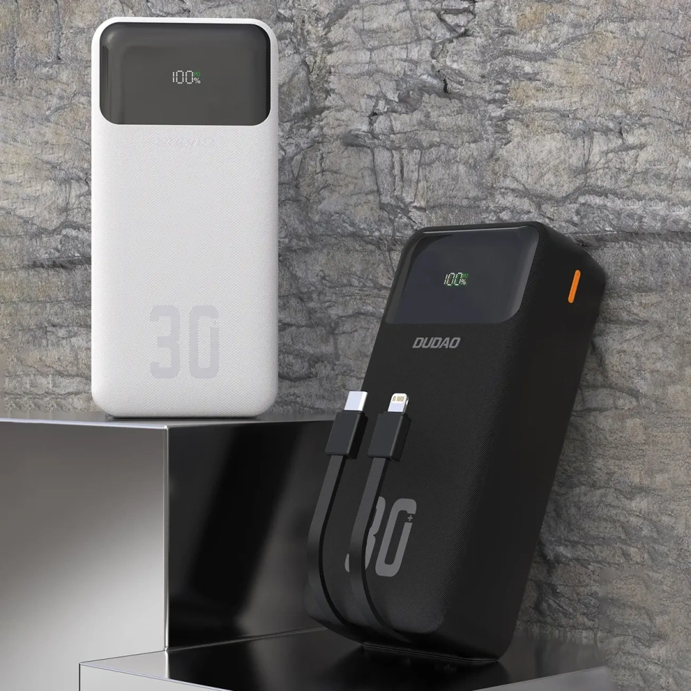 Powerbank Dudao K15MAX 30000mAh PD 22.5W z wbudowanymi kablami USB-C, Lightning biały
