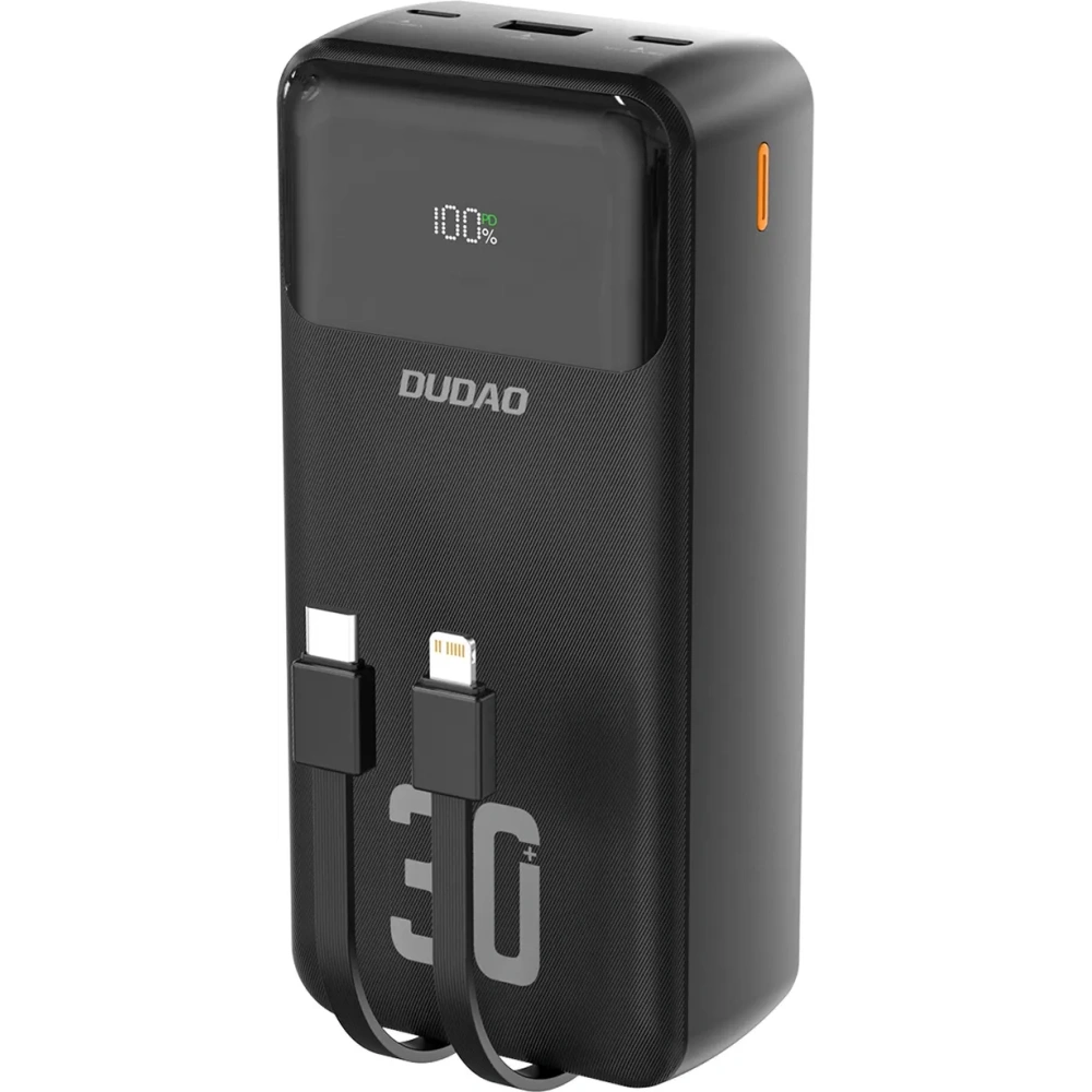 Powerbank Dudao K15MAX 30000mAh PD 22.5W z wbudowanymi kablami USB-C, Lightning czarny