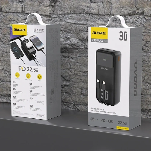 Powerbank Dudao K15MAX 30000mAh PD 22.5W z wbudowanymi kablami USB-C, Lightning czarny