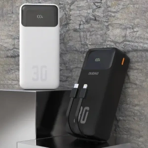 Powerbank Dudao K15MAX 30000mAh PD 22.5W z wbudowanymi kablami USB-C, Lightning czarny