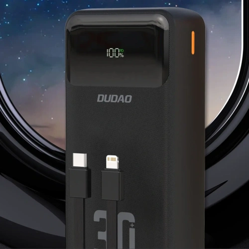Powerbank Dudao K15MAX 30000mAh PD 22.5W z wbudowanymi kablami USB-C, Lightning czarny