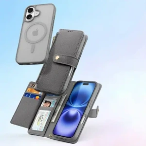 Etui z klapką Dux Ducis Lawa do Apple iPhone 16 z odłączanym portfelem magnetycznym szare