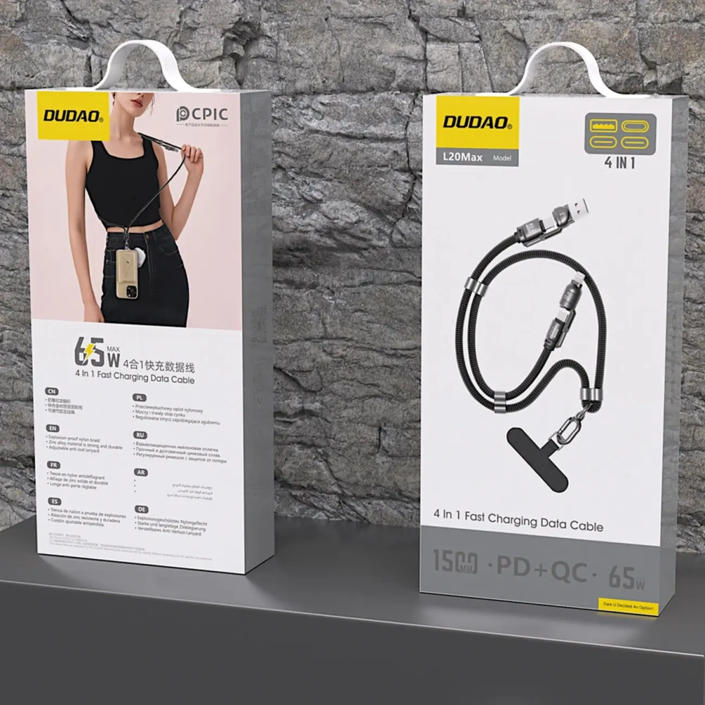 Kabel 4w1 ze smyczką Dudao L20MAX USB-A / USB-C 65W, USB-C / Lightning 27W PD QC 1.5m czarny