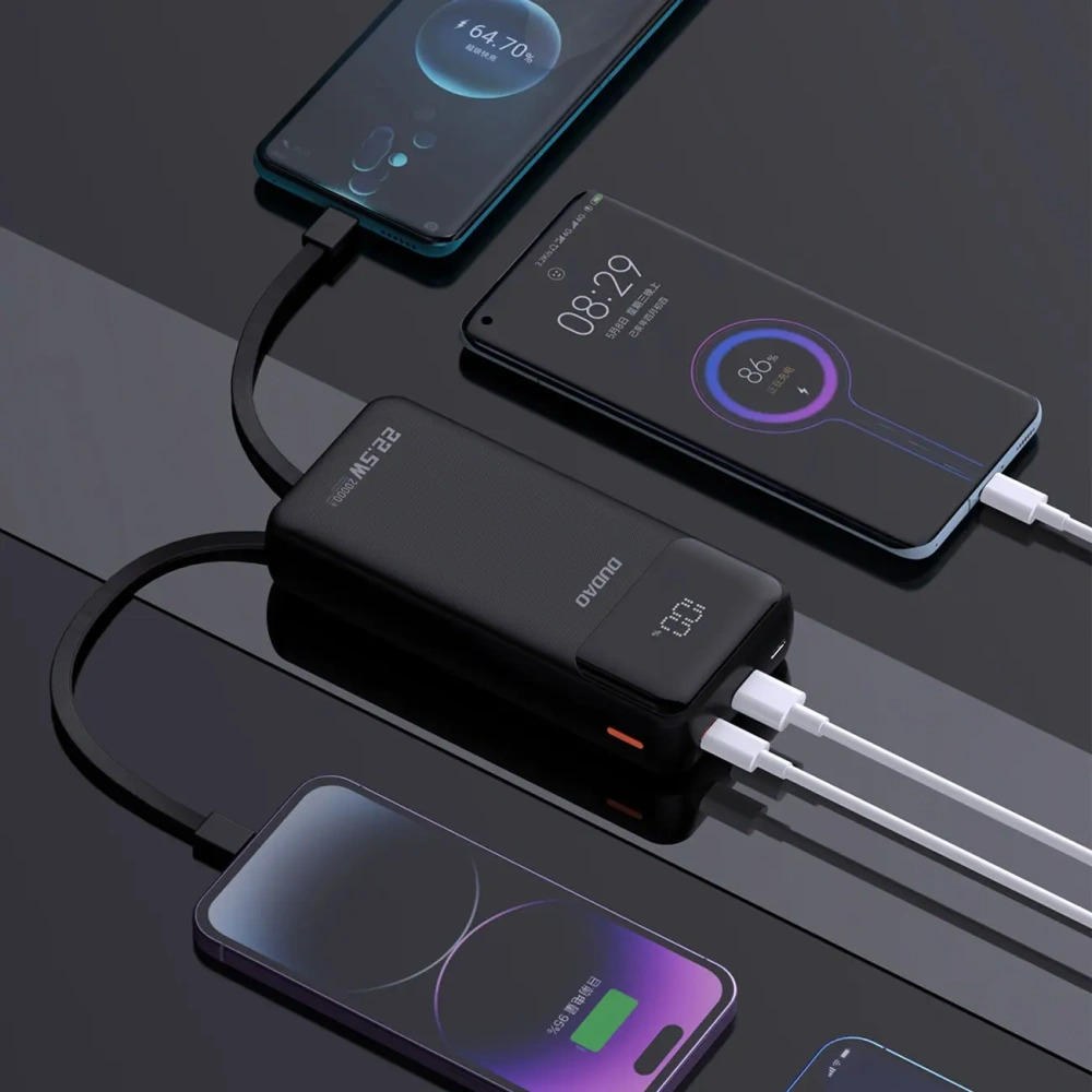 Powerbank Dudao K15Pro 20000mAh 22.5W PD USB-C / USB-A / wbudowane kable Lightning, USB-C czarny