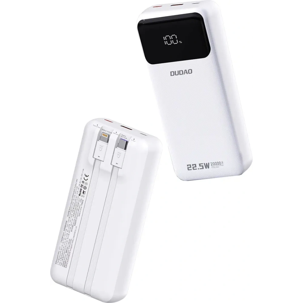 Powerbank Dudao K15Pro 20000mAh 22.5W PD USB-C / USB-A / wbudowane kable Lightning, USB-C biały