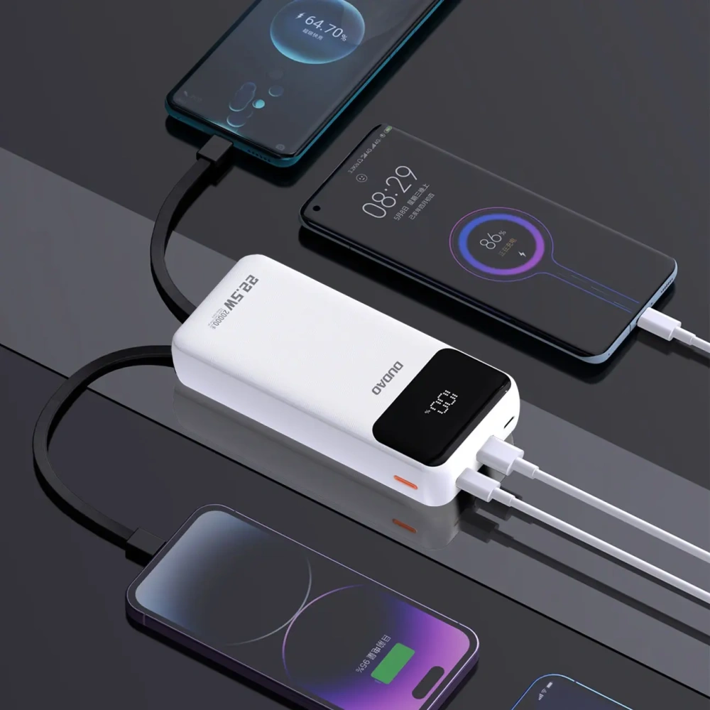 Powerbank Dudao K15Pro 20000mAh 22.5W PD USB-C / USB-A / wbudowane kable Lightning, USB-C biały