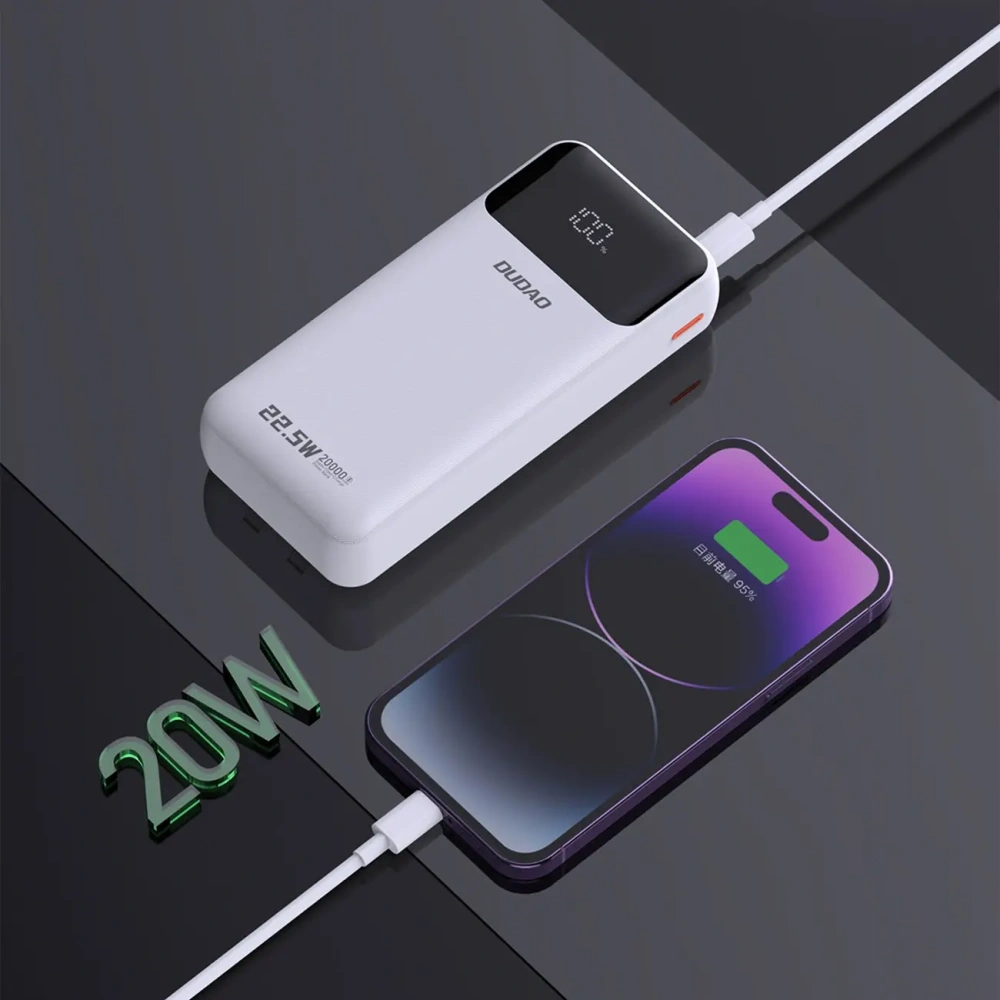 Powerbank Dudao K15Pro 20000mAh 22.5W PD USB-C / USB-A / wbudowane kable Lightning, USB-C biały