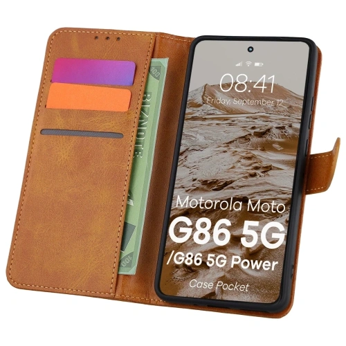 Etui z klapką Bizon Case Pocket do Motorola Moto G86 5G / G86 Power 5G brązowe