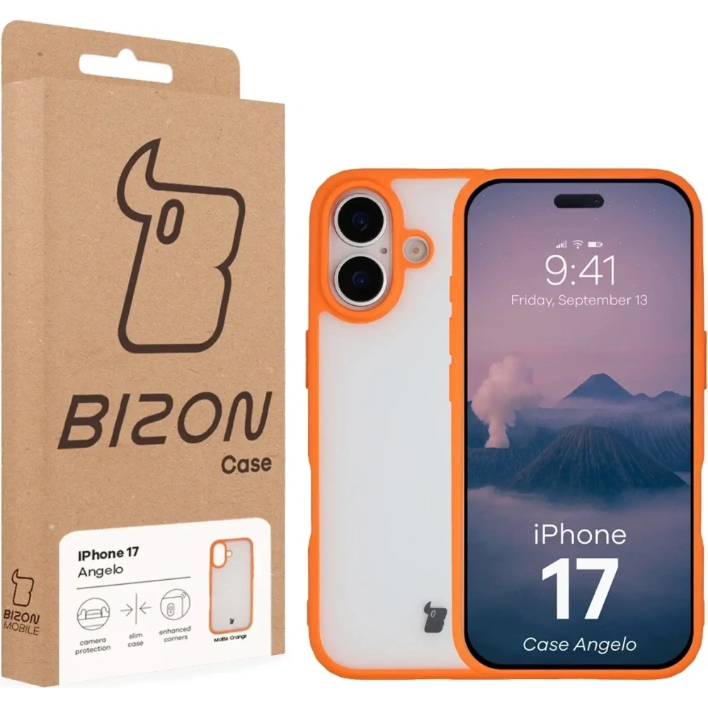 Etui Bizon Case Angelo do Apple iPhone 17 półprzezroczyste z pomarańczową ramką