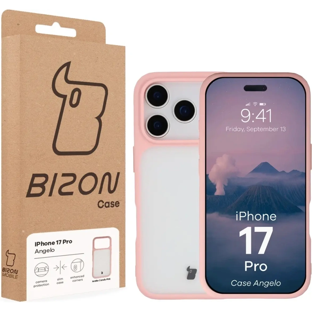 Etui Bizon Case Angelo do Apple iPhone 17 Pro półprzezroczyste z jasnoróżową ramką