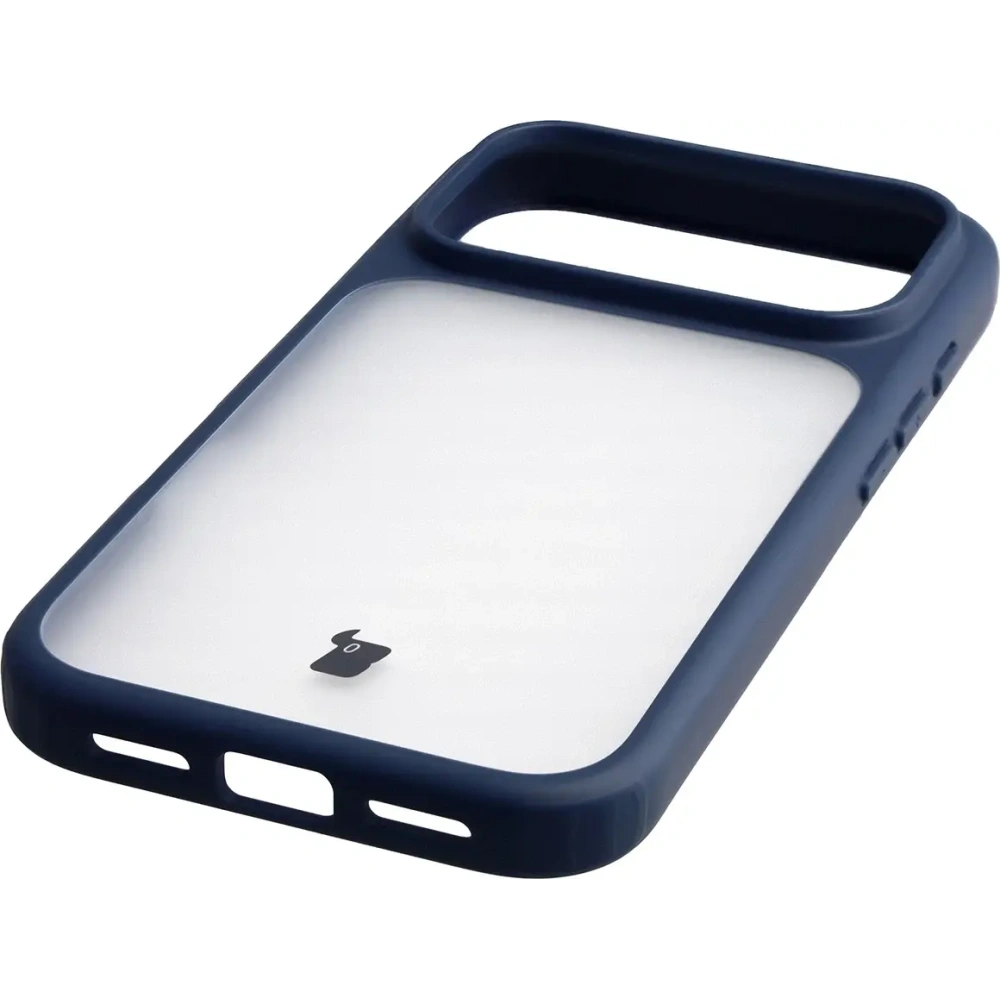 Etui Bizon Case Angelo do Apple iPhone 17 Pro półprzezroczyste z granatową ramką