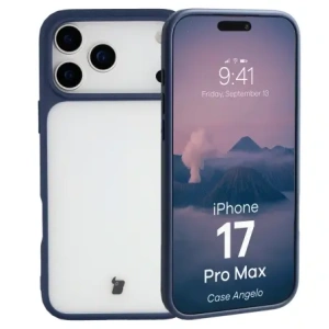 Etui Bizon Case Angelo do Apple iPhone 17 Pro Max półprzezroczyste z granatową ramką