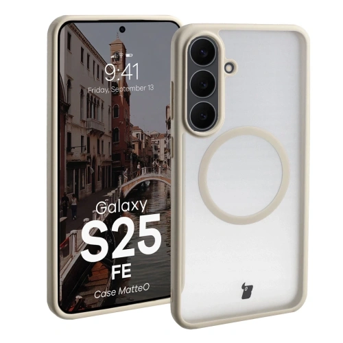 Etui z pierścieniem magnetycznym Bizon Case MatteO Magnetic do Samsung Galaxy S25 FE przydymione-beżowe