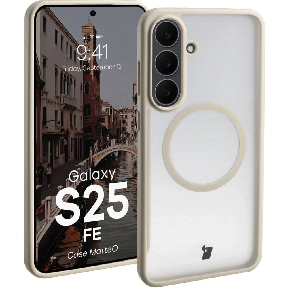 Etui z pierścieniem magnetycznym Bizon Case MatteO Magnetic do Samsung Galaxy S25 FE przydymione-beżowe
