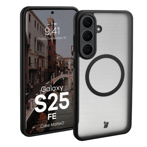 Etui z pierścieniem magnetycznym Bizon Case MatteO Magnetic do Samsung Galaxy S25 FE przydymione-czarne